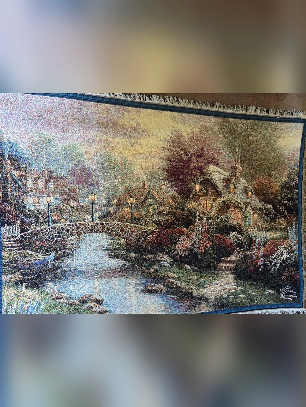 Thomas Kinkade Lamplight Bridge Tapestry Throw Blanket 42 x 62 USA Art Painting